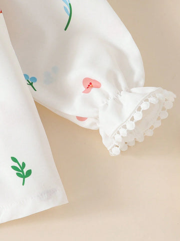 Young Girl Ditsy Floral Crew Neck Long Sleeve Ruffle Hem Cute Shirt, Spring/Summer