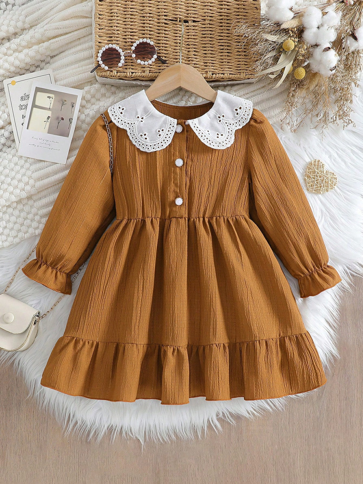 Girls' Long Sleeve Contrast Lace Peter Pan Collar Button Waisted Dress, Suitable For Spring & Autumn