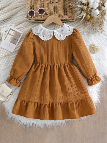 Girls' Long Sleeve Contrast Lace Peter Pan Collar Button Waisted Dress, Suitable For Spring & Autumn