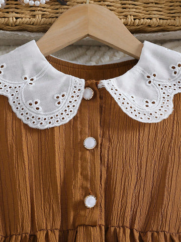 Girls' Long Sleeve Contrast Lace Peter Pan Collar Button Waisted Dress, Suitable For Spring & Autumn