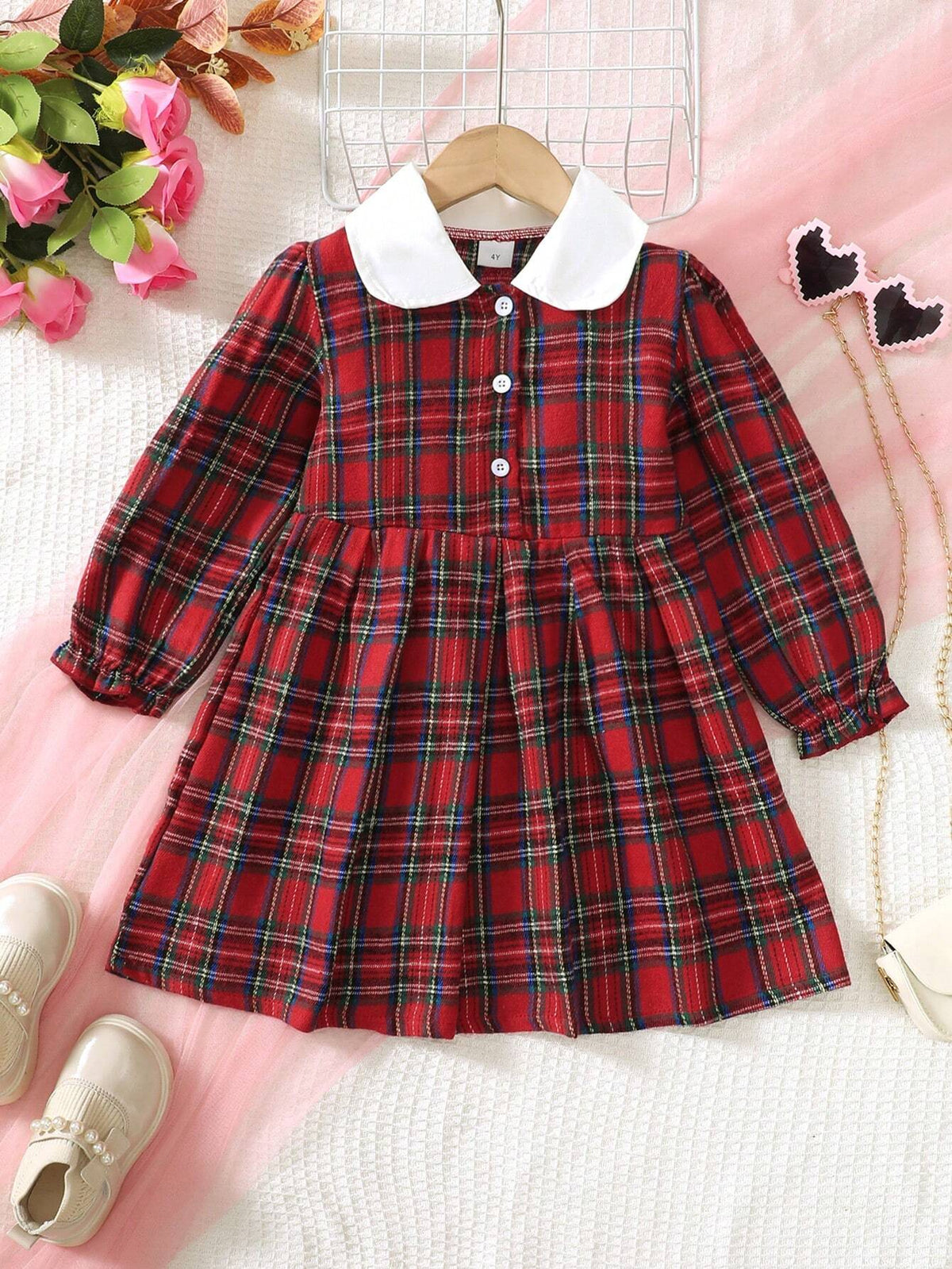 Girls Long Sleeve Doll Collar Contrast Buttoned Shirt Dress, Casual Plaid Skirt, Winter Daily Wear