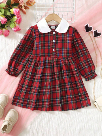 Girls Long Sleeve Doll Collar Contrast Buttoned Shirt Dress, Casual Plaid Skirt, Winter Daily Wear