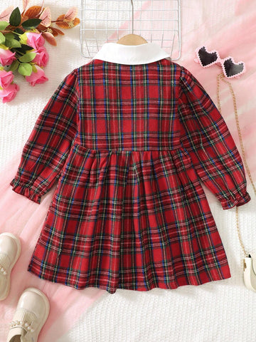 Girls Long Sleeve Doll Collar Contrast Buttoned Shirt Dress, Casual Plaid Skirt, Winter Daily Wear