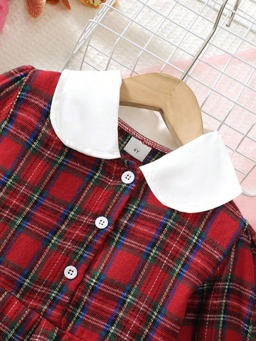 Girls Long Sleeve Doll Collar Contrast Buttoned Shirt Dress, Casual Plaid Skirt, Winter Daily Wear