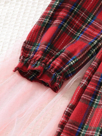 Girls Long Sleeve Doll Collar Contrast Buttoned Shirt Dress, Casual Plaid Skirt, Winter Daily Wear