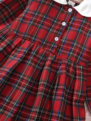 Girls Long Sleeve Doll Collar Contrast Buttoned Shirt Dress, Casual Plaid Skirt, Winter Daily Wear