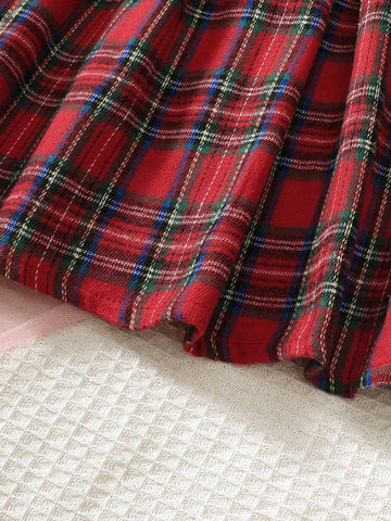 Girls Long Sleeve Doll Collar Contrast Buttoned Shirt Dress, Casual Plaid Skirt, Winter Daily Wear