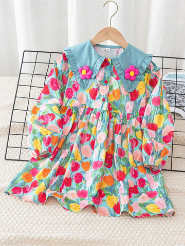 Girls Long Sleeve Dress, Cute French Style Flower Girl Outfit, Spring Autumn Children Clothing