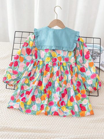 Girls Long Sleeve Dress, Cute French Style Flower Girl Outfit, Spring Autumn Children Clothing