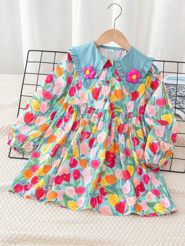 Girls Long Sleeve Dress, Cute French Style Flower Girl Outfit, Spring Autumn Children Clothing