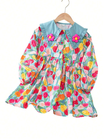 Girls Long Sleeve Dress, Cute French Style Flower Girl Outfit, Spring Autumn Children Clothing