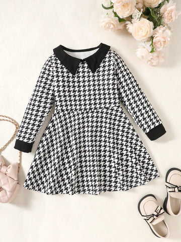 Girls Long Sleeve Dress, Sweet Style, Peter Pan Collar, Houndstooth Print, Puff Fabric, Fits Ages 4-7 Years