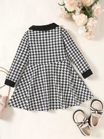 Girls Long Sleeve Dress, Sweet Style, Peter Pan Collar, Houndstooth Print, Puff Fabric, Fits Ages 4-7 Years