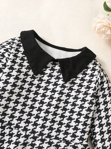 Girls Long Sleeve Dress, Sweet Style, Peter Pan Collar, Houndstooth Print, Puff Fabric, Fits Ages 4-7 Years