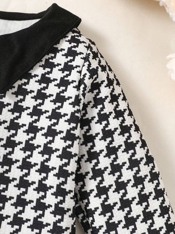 Girls Long Sleeve Dress, Sweet Style, Peter Pan Collar, Houndstooth Print, Puff Fabric, Fits Ages 4-7 Years