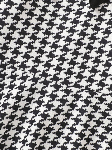 Girls Long Sleeve Dress, Sweet Style, Peter Pan Collar, Houndstooth Print, Puff Fabric, Fits Ages 4-7 Years