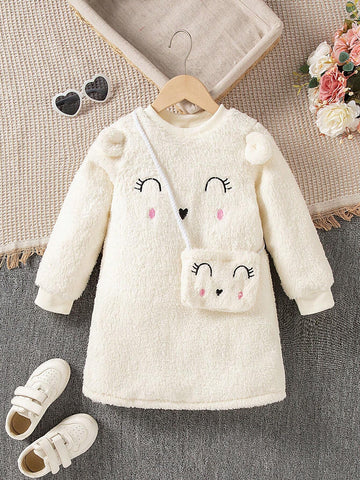 Girls Long Sleeve Embroidered Dress With 3D Ear Decoration, Plus Crossbody Bag, Warm And Comfortable, Fashion And Cute, Suitable For Autumn/Winter Outings