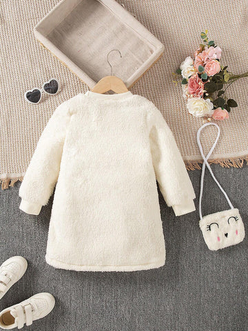 Girls Long Sleeve Embroidered Dress With 3D Ear Decoration, Plus Crossbody Bag, Warm And Comfortable, Fashion And Cute, Suitable For Autumn/Winter Outings