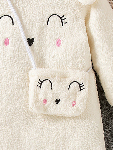 Girls Long Sleeve Embroidered Dress With 3D Ear Decoration, Plus Crossbody Bag, Warm And Comfortable, Fashion And Cute, Suitable For Autumn/Winter Outings