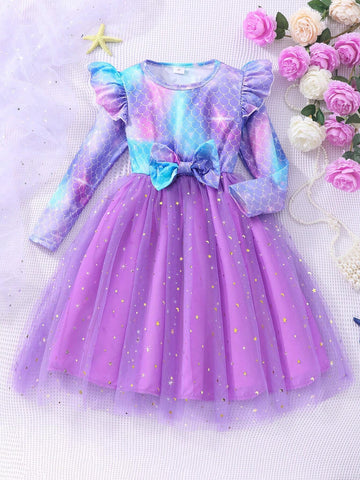 Girls Long Sleeve Fish Scale, Bow & Mesh Cute Dress