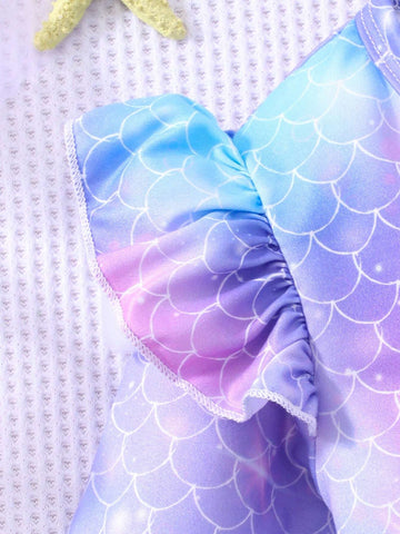 Girls Long Sleeve Fish Scale, Bow & Mesh Cute Dress