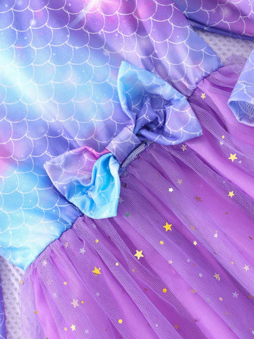 Girls Long Sleeve Fish Scale, Bow & Mesh Cute Dress