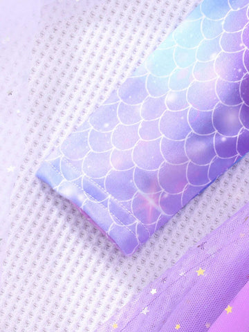 Girls Long Sleeve Fish Scale, Bow & Mesh Cute Dress