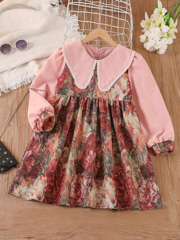 Girls' Long Sleeve Floral Dress, Casual French Style Peter Pan Collar Dress For Young Girl
