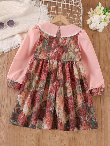 Girls' Long Sleeve Floral Dress, Casual French Style Peter Pan Collar Dress For Young Girl