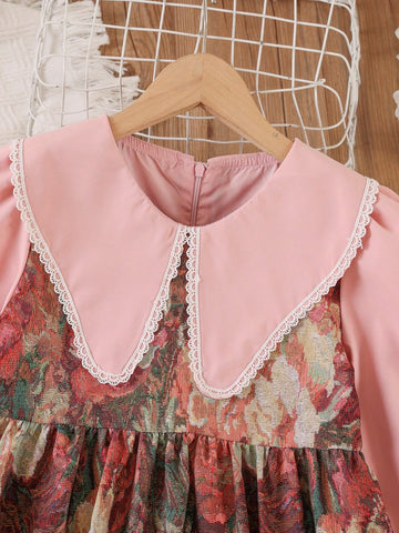 Girls' Long Sleeve Floral Dress, Casual French Style Peter Pan Collar Dress For Young Girl