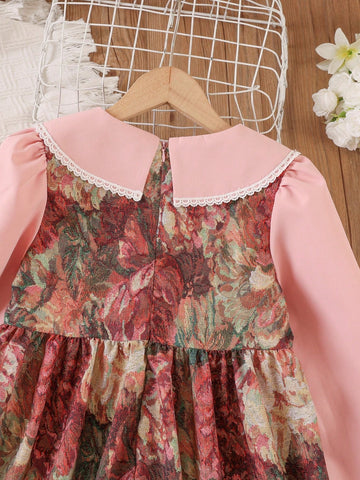 Girls' Long Sleeve Floral Dress, Casual French Style Peter Pan Collar Dress For Young Girl