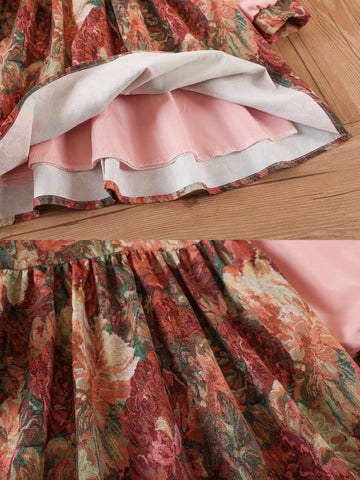 Girls' Long Sleeve Floral Dress, Casual French Style Peter Pan Collar Dress For Young Girl