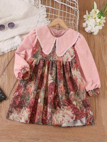 Girls' Long Sleeve Floral Dress, Casual French Style Peter Pan Collar Dress For Young Girl