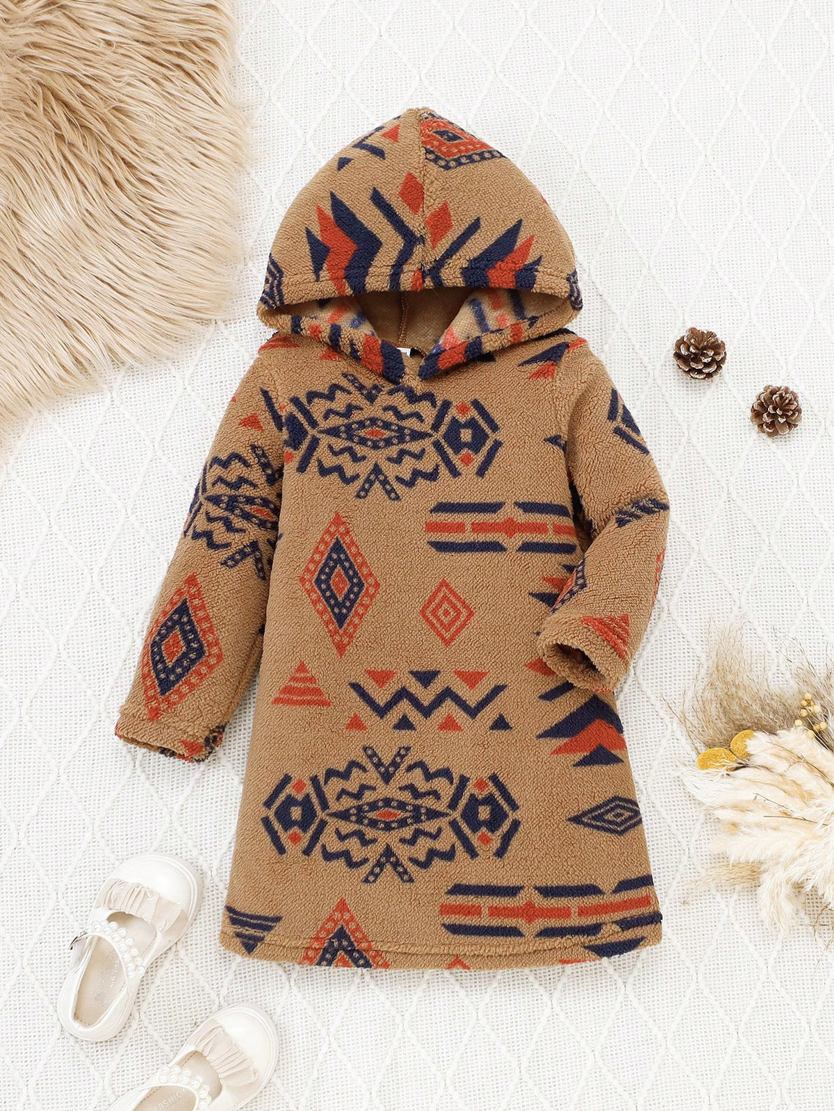Girls Long Sleeve Graphic Detail Minimalist Hooded Dress, Casual Everyday Wear