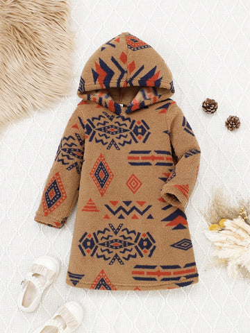 Girls Long Sleeve Graphic Detail Minimalist Hooded Dress, Casual Everyday Wear