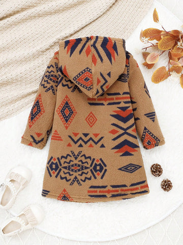 Girls Long Sleeve Graphic Detail Minimalist Hooded Dress, Casual Everyday Wear