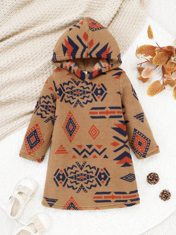 Girls Long Sleeve Graphic Detail Minimalist Hooded Dress, Casual Everyday Wear
