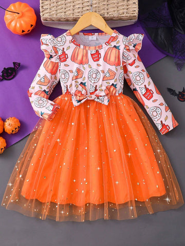 Girls Long Sleeve Halloween Pumpkin Printed Bowknot Mesh & Cute Dress