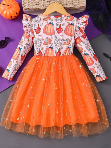 Girls Long Sleeve Halloween Pumpkin Printed Bowknot Mesh & Cute Dress