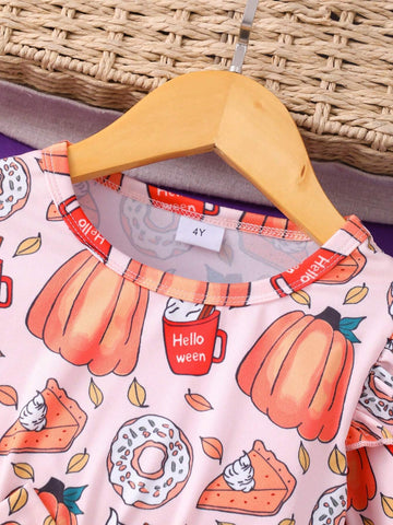 Girls Long Sleeve Halloween Pumpkin Printed Bowknot Mesh & Cute Dress