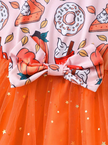 Girls Long Sleeve Halloween Pumpkin Printed Bowknot Mesh & Cute Dress