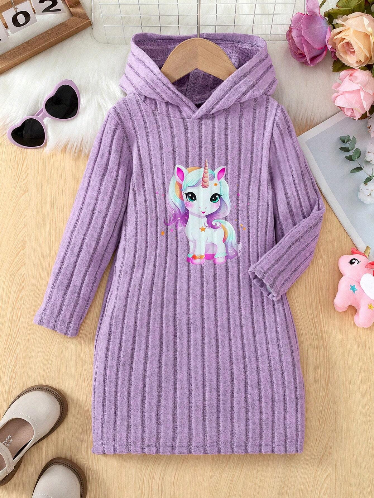 Girls' Long Sleeve Hooded Ribbed Ribbed Unicorn Pattern Casual Dress, Suitable For Travel & Vacation, Autumn/Winter