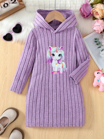 Girls' Long Sleeve Hooded Ribbed Ribbed Unicorn Pattern Casual Dress, Suitable For Travel & Vacation, Autumn/Winter