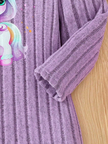 Girls' Long Sleeve Hooded Ribbed Ribbed Unicorn Pattern Casual Dress, Suitable For Travel & Vacation, Autumn/Winter