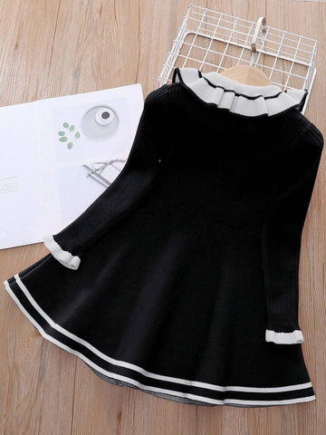 Girls' Long Sleeve Knitted Sweater Dress, Princess Dress, Warm, For Autumn & Winter