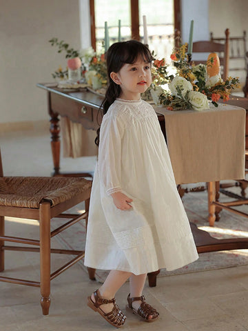 Girls' Long Sleeve Lace Sweet Princess Dress, Pleated Design