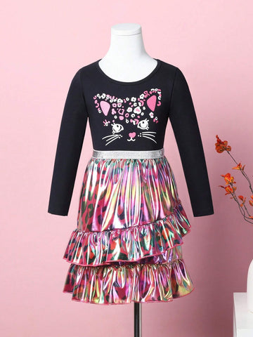Girls Long Sleeve Leopard & Cat Print Casual Princess Dress, Autumn/Spring, Sizes 3-8 Years Old