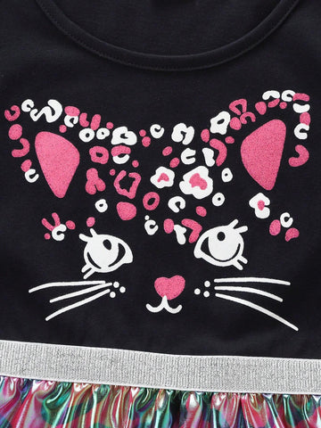 Girls Long Sleeve Leopard & Cat Print Casual Princess Dress, Autumn/Spring, Sizes 3-8 Years Old