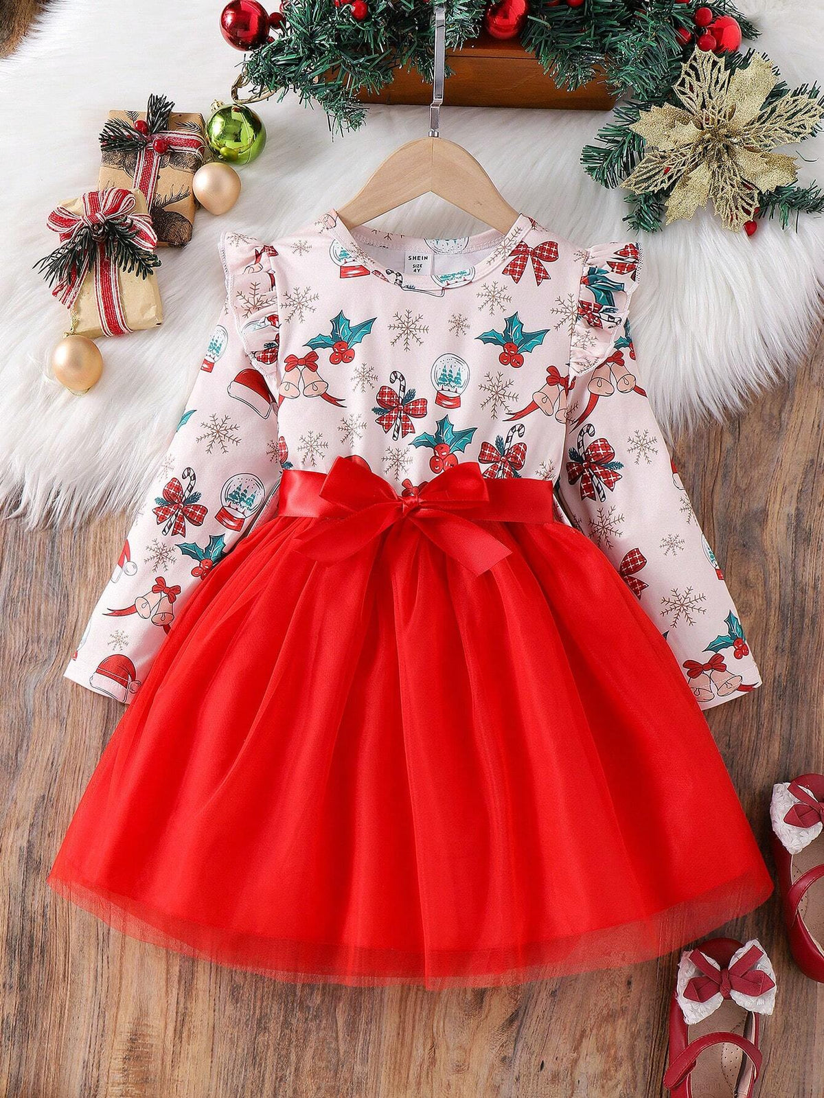 Girls Long Sleeve Mesh Patchwork Floral Print Dress With Waist Belt
