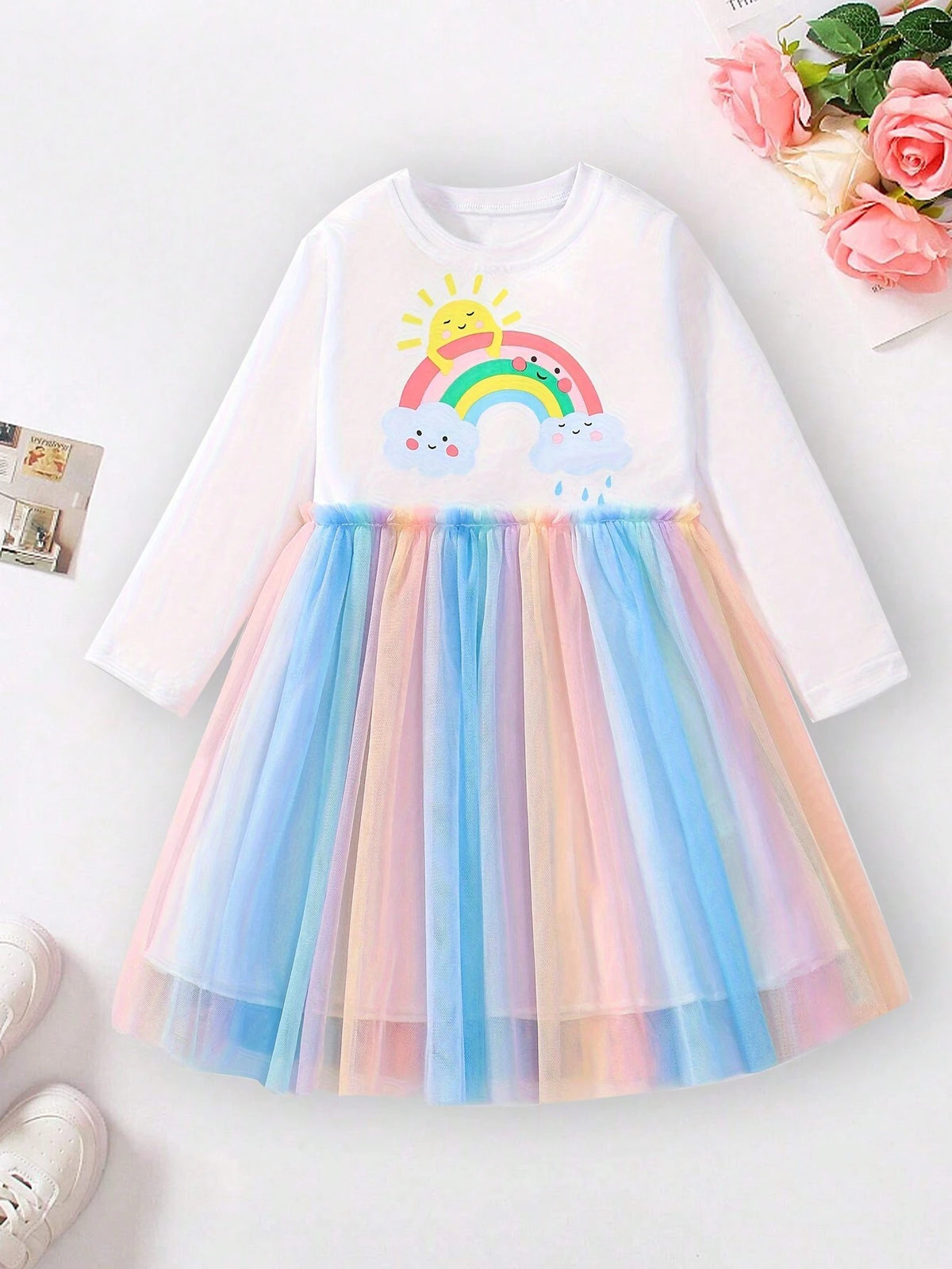Girls Long Sleeve Mesh Patchwork Rainbow Cartoon Printed Party Princess Dress, Autumn & Winter